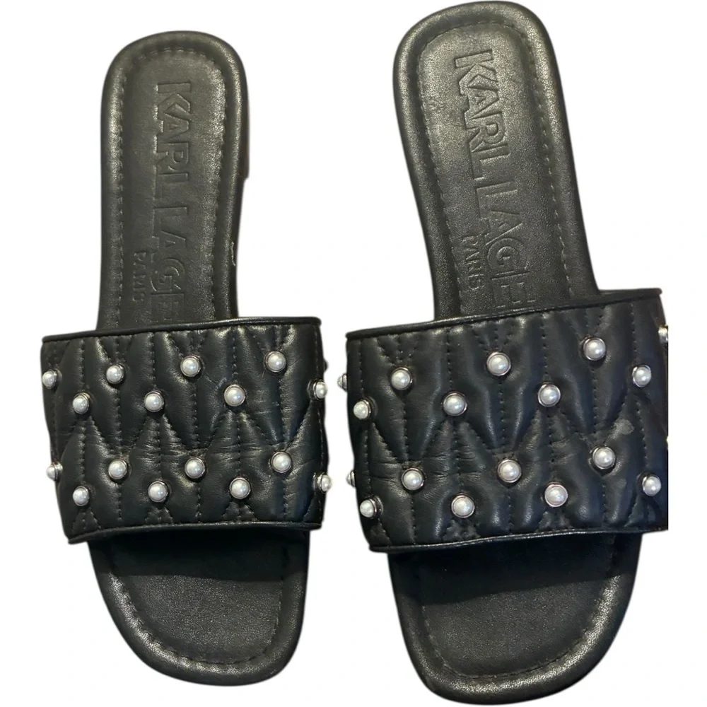 Karl Lagerfeld Paris Madyson Quilted Studded Slide Sandal Black 8